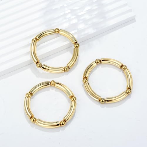 Gold Chunky Bangles Bracelets For Women 14k Gold Plated Stack Layered Curved Bamboo Tube Stretch Bracelets Gift Jewelry - color: 3pcs Gold-8mm