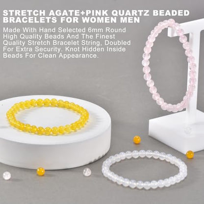 3PCS Agate Bracelet for Women Men Natural Round Beaded Agates Stone Healing Stretch Bracelets Elastic Handmade Polished Gemstone Beads Bracelet - color: White+Pink+Yellow