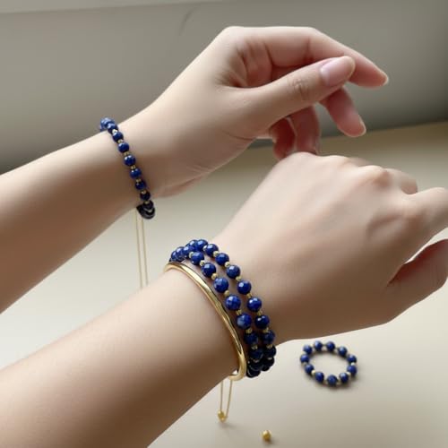 Lapis Lazuli Healing Bracelet – Real Crystal Beads for Stress Relief, Meditation & Chakra Balance – Natural Gemstone Jewelry Gift for Women & Men, Adjustable Stretch Fit - style: 6mm 64-Facet Gold Accent（no gift box）
