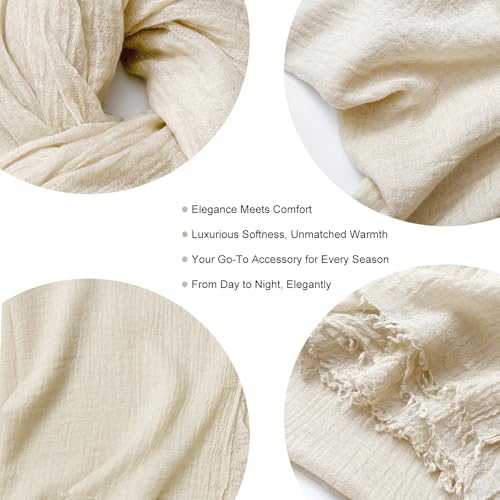zero season Lightweight Wool Blend Scarf for Women & Men – All Season Travel Shawl Wrap with Fringe, Soft Gauze Feel Scarf - color: White