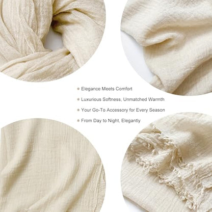 zero season Lightweight Wool Blend Scarf for Women & Men – All Season Travel Shawl Wrap with Fringe, Soft Gauze Feel Scarf - color: White