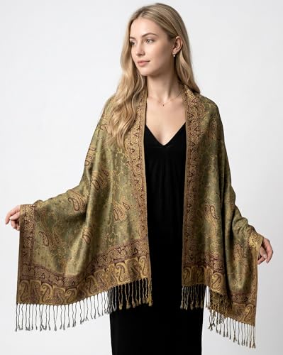 Achillea Reversible Paisley Pashmina Rave Scarf – Exotic Indian Shawls and Wraps for Evening Dresses, Festivals, All Seasons - color: Sage Green