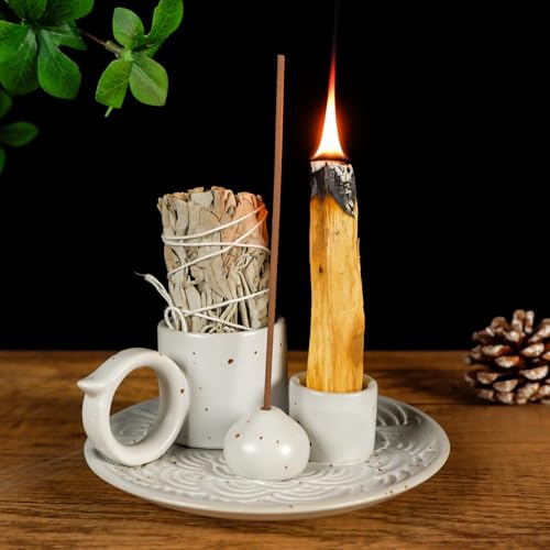 MOUGIGI 5-in-1 White Ceramic Palo Santo Burner & Holder - Small Candle and Smudge Tray for Incense Sticks & Cones, Sage, Zen Meditation Altar Accessory – Compatible with Matches for Aromatic Scents - color: Multifunctional Palo Plate-white