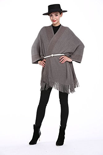ZLYC Women's Shawl Golden Trim Knit Blanket Wrap Fringe Poncho Coat Cardigan - color: Grey