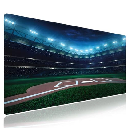 Extra Large Gaming & Office Mouse Pad (31.5" x 11.8") with Durable Stitched Edges – Professional Baseball Field at Night Vibrant Playground Stadium League Theme Print, Anti-Slip XXL Desk Mat - color: Baseball Field