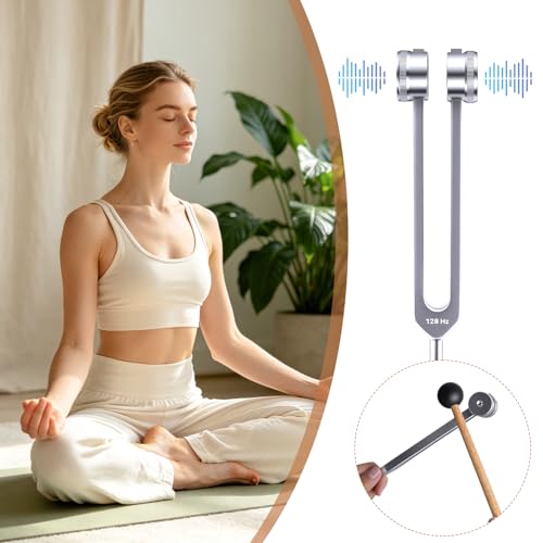 128Hz Aluminum Alloy Tuning Fork, Sound Vibration Tool with Silicone Hammer & Storage Pouch, Relaxing Vibration Device for Yoga Meditation, Daily Stress Calming & Body Leisure Care