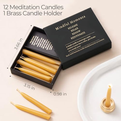 Mindful Meditation Candle Set with 12 Mini Taper Beeswax Candles with Brass Holder for Prayer & Reflection, Relaxation Gifts for Women Stress, Serenity Thinking of You Gift (3 Sets) - size: 3 Pack