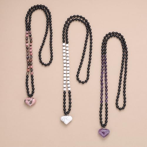COAI Handmade 108 Mala Beaded Necklace for Women, Heart Pendant Necklace for Women - style: Onyx & Amethyst