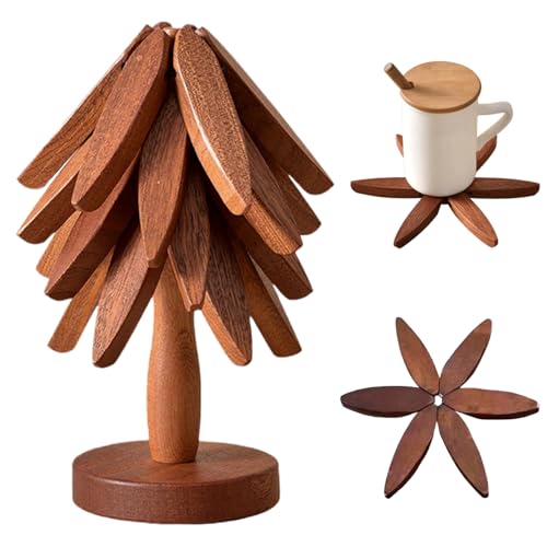 Natural Foldable Black Walnut Wooden Trivet Set - 4 Trivets + 1 Stand for Hot Dishes, Pot, Bowl, Teapot, Hot Pot Holders(Black Walnut) - color: Black Walnut
