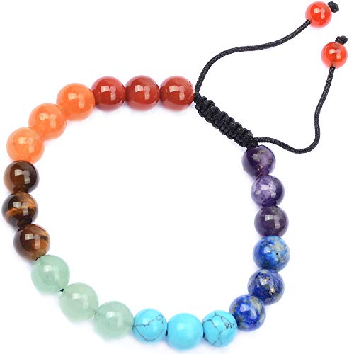 MASSIVE BEADS Natural Healing Power Gemstone Crystal Beads Unisex Adjustable Macrame Bracelets - color: 7-Chakra Stones, size: 6mm