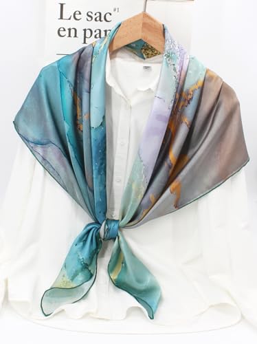 ANDANTINO 100% Silk Scarf 43" Large Square Lightweight Headscarf& Shawl–Women Hair Wraps-With Gift Packed - color: Light Green&blue