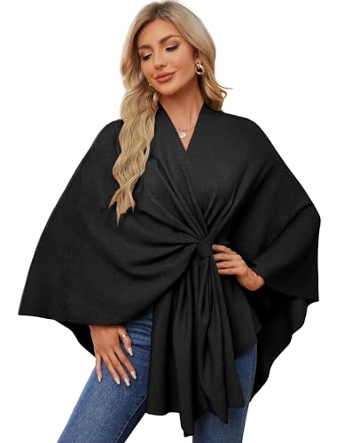 PULI Women's Elegant Shawl Wraps Soft Open Front Poncho Sweater for Spring Fall Winter - color: Front Tab-black