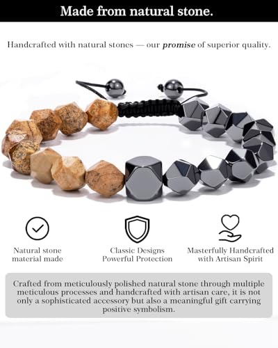 Beaded Bracelet for Men, 10mm Natural Stones Bracelet for Men's Gift, Adjustable Precision-Cut Gemstone Crystal Healing Bracelet, Protection Jewelry Gift with Hematite, Tiger Eye - style: Picture Stone & Hematite