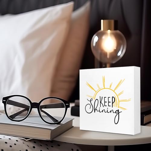 Wooden Box Sign "Keep Shining" 5x5x1 INCH, Inspirational Quote Decor, Uplifting Message Plaque, Rustic Encouragement Sign for Office Desk, Teacher Gift Idea Motivational Display - style: Keep Shining
