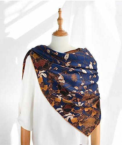 ANDANTINO 100% Silk Scarf 43" Large Square Lightweight Headscarf& Shawl–Women Hair Wraps-With Gift Packed - color: Blue-flower&birds