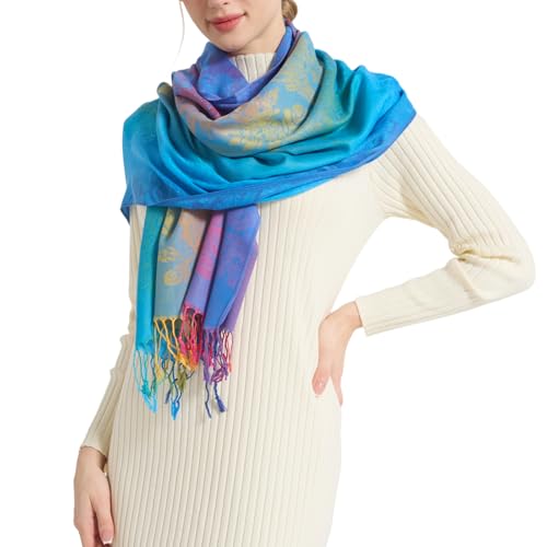 Rave Pashmina Scarf, Fashion Colorful Shawls and Wraps Soft Festival Scarves - color: C-peacock Blue (Flower Pattern)