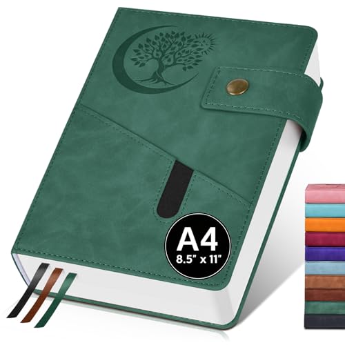 PAIBAS A4 Leather Lined Journal Notebook, 8.5"x11" 366 Pages 100GSM College Ruled Hardcover Diary with 3 Ribbon Bookmarks, Brass Snap & Front Pocket, Journals for Writing Work Travel Men Women - color: Green, size: A4 (8.5" x 11")