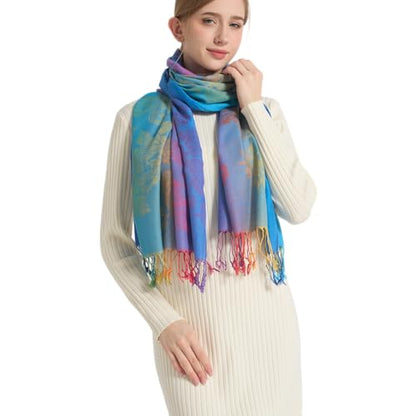 Rave Pashmina Scarf, Fashion Colorful Shawls and Wraps Soft Festival Scarves - color: C-peacock Blue (Flower Pattern)