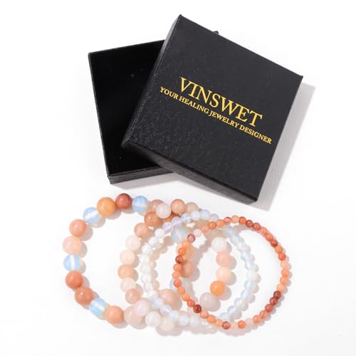 4pcs Beaded Bracelets for Women,Natural Healing Crystal Gemstones Bracelet,Anxiety Stress Relief Bracelet Handmade purple Jewelry Gifts for Women - color: Pink aventurine&Opal&Pink Crystal