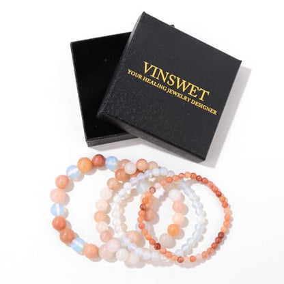 4pcs Beaded Bracelets for Women,Natural Healing Crystal Gemstones Bracelet,Anxiety Stress Relief Bracelet Handmade purple Jewelry Gifts for Women - color: Pink aventurine&Opal&Pink Crystal