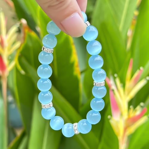 Healing Bracelet For Women Anxiety Crystal Bracelet Chakra Beaded Bracelets Rose Quartz Crystals And Healing Stones Yoga Bead Bracelet Calming Stretch Bracelet Stress Relief Gifts For Women - color: Marine Blue-Cat Eye