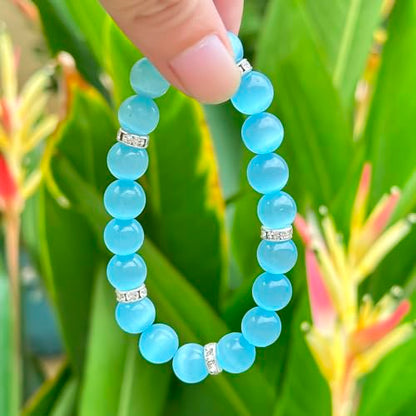 Healing Bracelet For Women Anxiety Crystal Bracelet Chakra Beaded Bracelets Rose Quartz Crystals And Healing Stones Yoga Bead Bracelet Calming Stretch Bracelet Stress Relief Gifts For Women - color: Marine Blue-Cat Eye