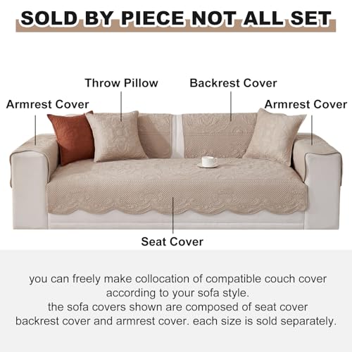 vctops Boho Cotton Quilted Couch Cover Soft Embroidered Sofa Cover Non-Slip Dog Bed Cover Scalloped Sofa Slipcover Washable Furniture Protector Cover (Khaki,28"x59") - color: Khaki, size: 1pc/28"x59"/Rectangular