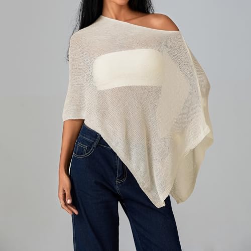 Women Sheer Poncho Top Knit Crochet Lightweight See Through Shawl Summer Shrug Beach Cover Up - color: A1 Light Yellow