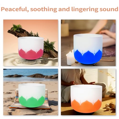 Leize 6-12 inch Lotus Design Chakra Tuned 432hz Set of 7 Quartz Crystal Singing Bowls with Heavy Duty Carrying Cases and Singing Bowl Mallet Suede Strikers - color: lotus design, size: Set of 7, 6-12", A-G Note, 432 hz