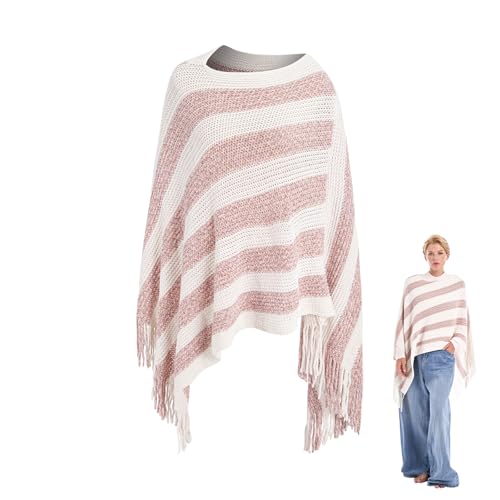 MissShorthair Knit Shawl Wraps for Women Boho Crochet Shawls Cape Open Front Cardigan - color: Beige Pink Striped