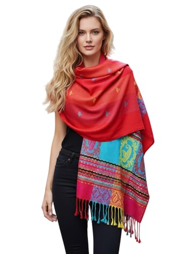 PASKMLNA Double Side Multi Colors Silky Tropical Colorful Exotic Pashmina Wrap Shawl Scarf Rave - color: #1red