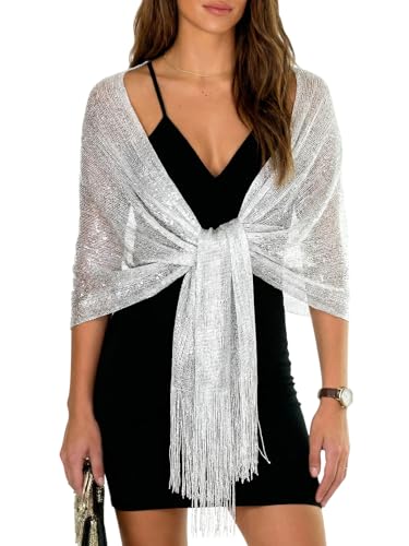 Sumolux Shawls Wraps for Evening Dresses Metallic Glitter Shawls Scarf for Women Sparkling Wedding with Free Buckle - color: Silvery