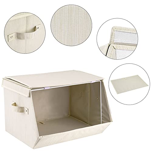 Set of 2 Stackable storage bins,Linen Fabric Foldable Storage Organizer Cubes Box whits Lids and Own-Handle Storage Organizer Bins for Home Office Nursery Living Room Beige 15x10.5 x10inch
