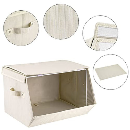 Set of 2 Stackable storage bins,Linen Fabric Foldable Storage Organizer Cubes Box whits Lids and Own-Handle Storage Organizer Bins for Home Office Nursery Living Room Beige 15x10.5 x10inch