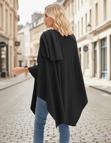 Womens Open Front Poncho Sweater Wrap Topper Knitted Elegant Shawls Cape for Spring Fall Winter - color: Series 1-black