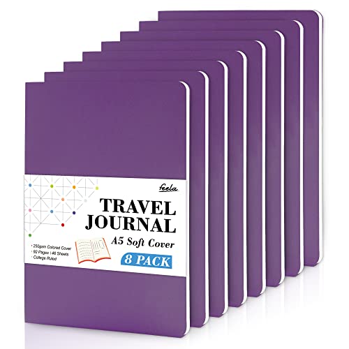 feela 8 Pack Soft Cover Journal Bulk, Notebooks College Ruled for Work, Lined Travel Journal for Women Men, Note Taking Notebook School Supplies Business Writing, 8.2” x 5.5”, A5, Dark Purple - color: 8 Dark Purple