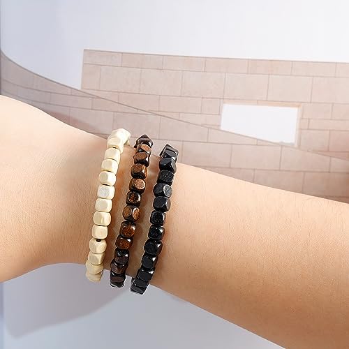 3 Pcs 5mm Wood Beads Bracelet for Men Women Elastic Stretch Mala Prayer Meditation Wristband