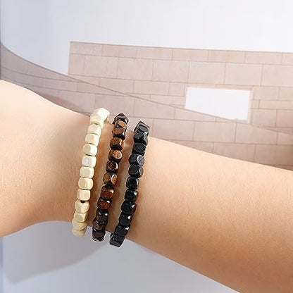 3 Pcs 5mm Wood Beads Bracelet for Men Women Elastic Stretch Mala Prayer Meditation Wristband
