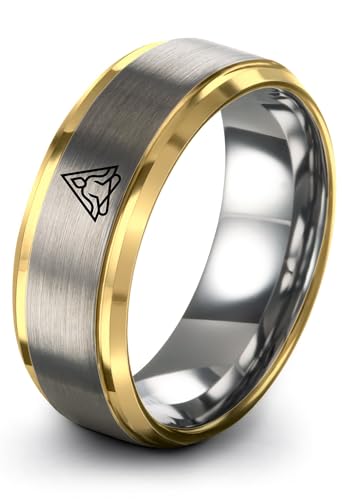 Gift for Yoga Fan - Yoga Meditation Ring - Flat Dome Bevel - Band - Men Women - Brushed Polished - Tungsten - Personalized Custom Engraving - 8mm - Anniversary Wedding - Yellow Rose Gold Silver - color: 08 - Yellow Gold Grey Tungsten