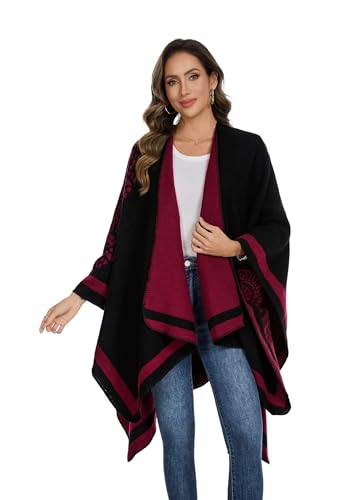 Shawl Wraps for Women, Elegant Knitted Cape Open Front Poncho Scarf Blanket Cardigan Coat for Spring, Autumn, and Winter - color: Black Red