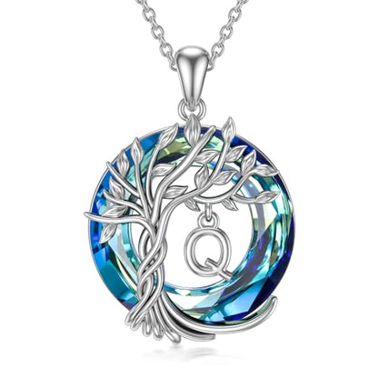TOUPOP Gifts for Women Tree of Life Initial Necklace 925 Sterling Silver Letter Pendant with Blue Crystal Birthday Jewelry Gifts for Women Her Mom Wife Daughter - color: Tree of Life Q Initial