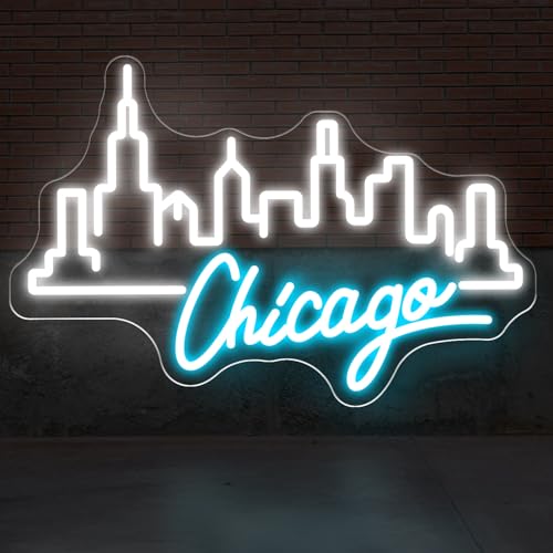 City Light Chicago Neon Sign, Skyline Neon Light, Home Wall Office Decor, Chicago City Led Sign, City Sign for Christmas Birthday Gifts Women Gift Bar Pub Store Club Garage Home Party-White-17.3" - color: City Lights-Ice Blue