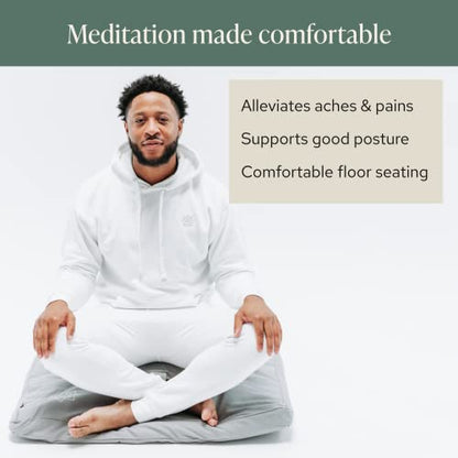 Mindful Modern Meditation Cushion & Zabuton Mat Bundle - 100% Cotton Meditation Cushion Set for Yoga - Buckwheat Crescent Shaped Zafu Floor Pillow Rectangular Mat - Classic White Color
