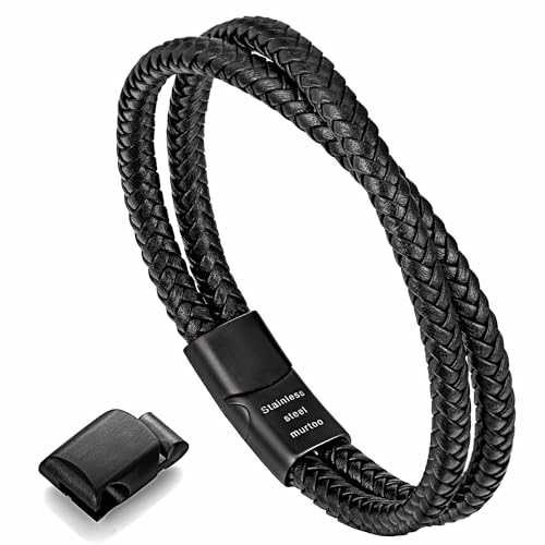 murtoo Mens Bracelet Leather Braided, Brown and Black Leather Bracelet for Men - color: Black, size: 7.48"