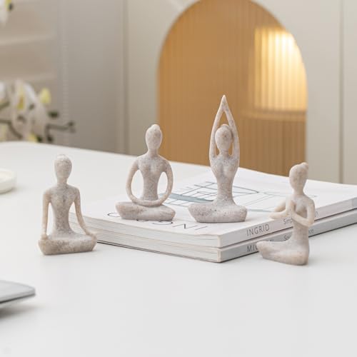 OwMell Lot of 4 Meditation Yoga Pose Statue Figurine Ceramic Yoga Figure Set Decor - Stone - color: Stone