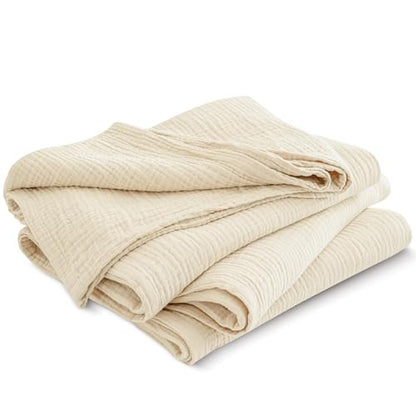 PHF 100% Cotton Muslin Blanket King Size 108"x90", 4-Layer Lightweight Gauze Throw, Breathable Cloud-Soft Minimalist Blanket for Bed, Couch, Camping, Beige/Short Bread, Ideal Gift