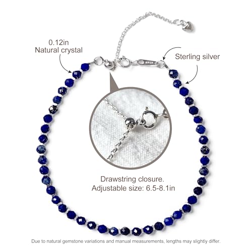 Natural Crystal Silver Bracelet, 0.12" Faceted Stone Beads Adjustable Jewelry for Women, Handmade Crown Chakra Design for Meditation & Spiritual Gifts - color: Blue Lapis Lazuli