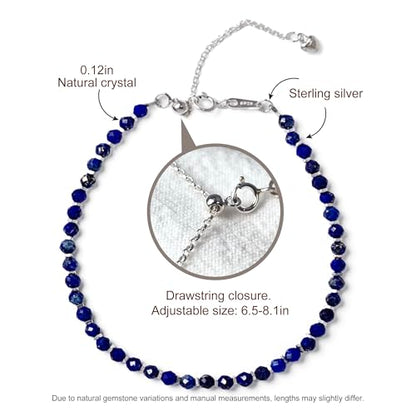 Natural Crystal Silver Bracelet, 0.12" Faceted Stone Beads Adjustable Jewelry for Women, Handmade Crown Chakra Design for Meditation & Spiritual Gifts - color: Blue Lapis Lazuli