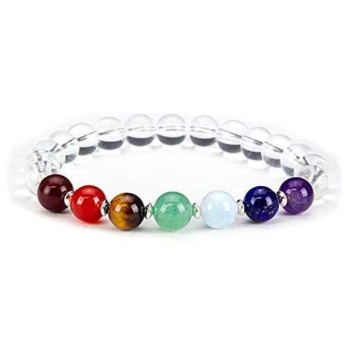Cherry Tree Collection Chakra Stretch Bracelet | Genuine Natural 8mm Gemstones Beads, Sterling Silver Spacers | Men/Women | Small, Medium, Large Sizes - color: Clear Quartz - Small