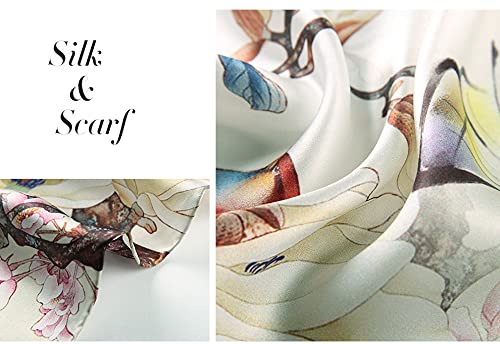 100% Mulberry Silk Long Scarf for Women Large Shawls for Headscarf and Neck- Oblong Hair Wraps with Gift Packed - color: Beige-flower&birds
